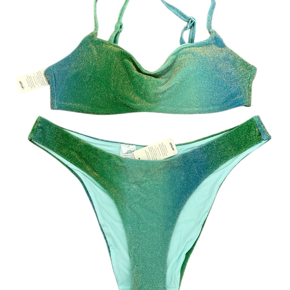 NWT Aerie Green/Blue sparkle Bikini Set Sz Large